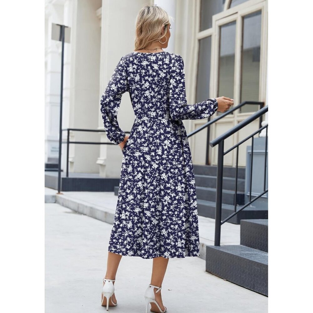 Zeagoo Women Blue Sprigs Long Sleeve Flowy A-Line Boho Long Dress with Pockets - Picture 5 of 6